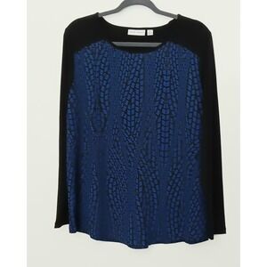Susan Graver Blouse Women's Size M Blue Printed Feather Weave Liquid Knit Trim